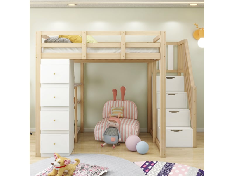  Lit mezzanine 140x200cm, li enfant avec 4 tiroirs, étagères, escalier, espace de rangement et sommier, pin+mdf, blanc+bois, sans matelas  - Conforama D