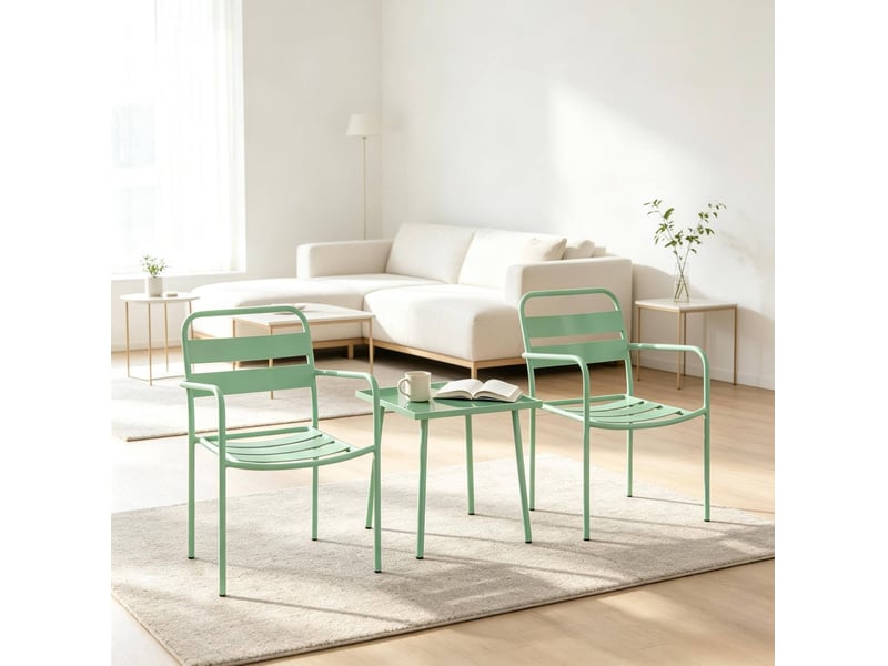  Ensemble bistro de jardin 3 pièces vert avec table en verre trempé et 2 fauteuils  - Conforama D