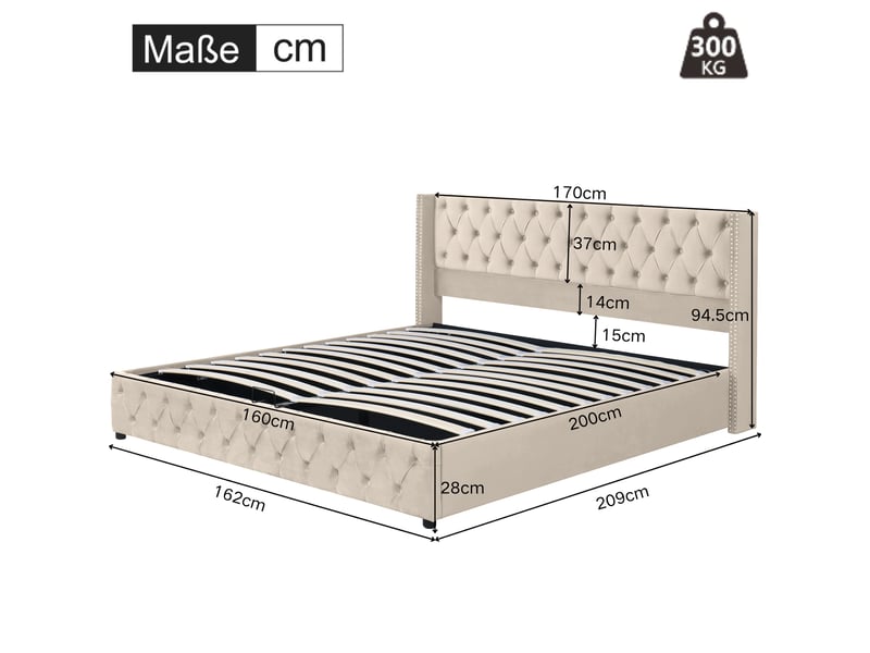  Lit coffre rembourré 160x200 cm avec rangement hydraulique, lit double en velours avec tête de lit à oreilles, capitonnage et doubles clous, beige Seren Glow - Conforama C