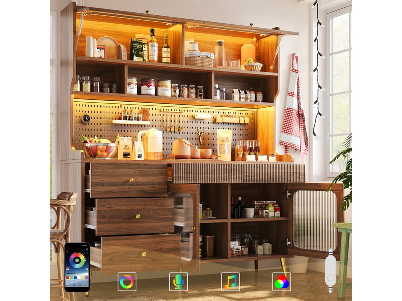  Meuble tv haut 145x39x171 cm avec éclairage led et app, armoire de rangement étroite, mdf, verre, couleur noyer  - Conforama B