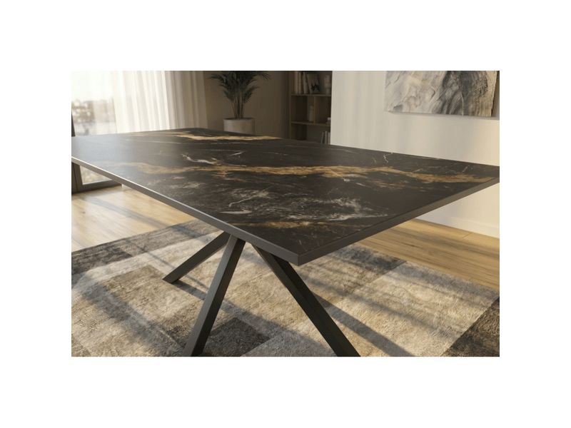  Table solara 160 cm en céramique noire effet marbre sable avec pied étoile – 6 places  - Conforama E