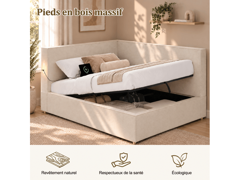  Lit coffre 140x190 cm, sommier inclus, rangement hydraulique, led, usb et usb-c, chenille beige, sans matelas  - Conforama D
