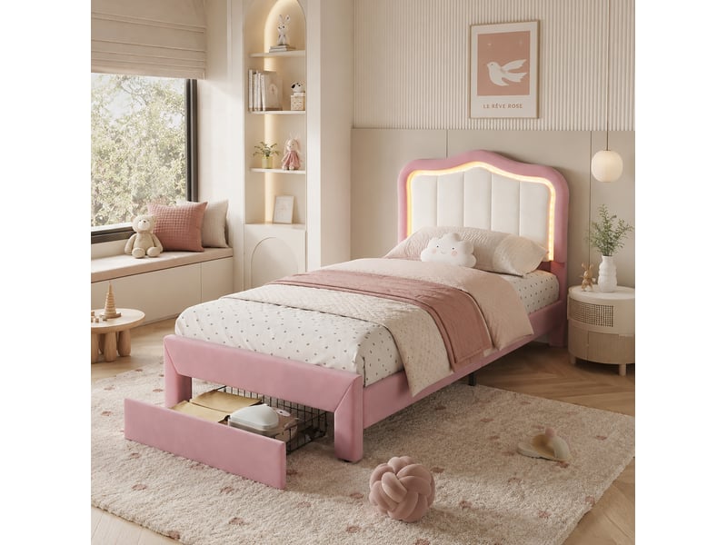  Lit enfant 90x200 cm, tiroir, tête de lit rembourrée, tiroir au pied, led pilotable par appli, velours rose, sans matelas  - Conforama B