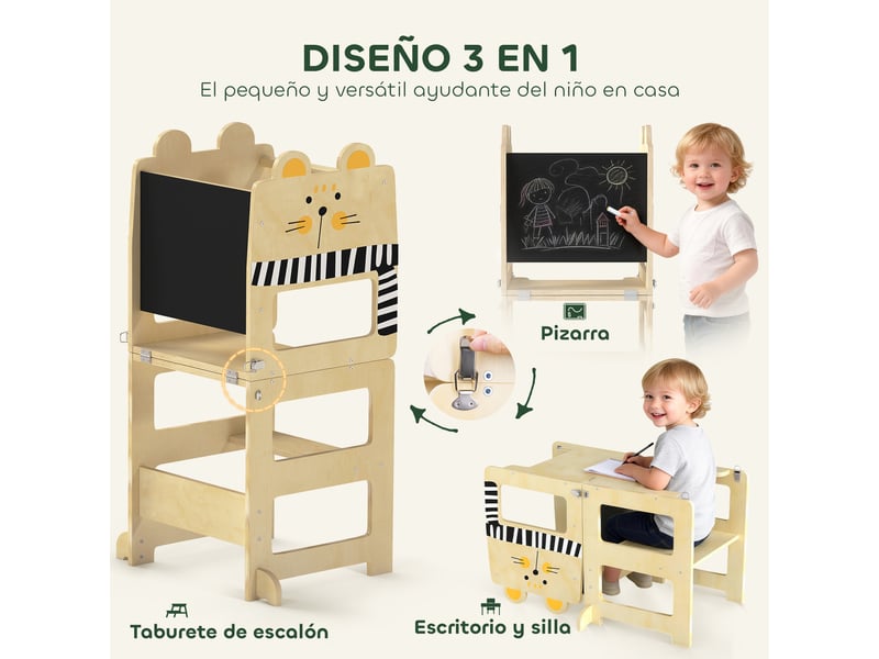  Tour d'apprentissage pliable 3 en 1 transformable en bureau et chaise, avec tableau noir et motif chat naturel  - Conforama E