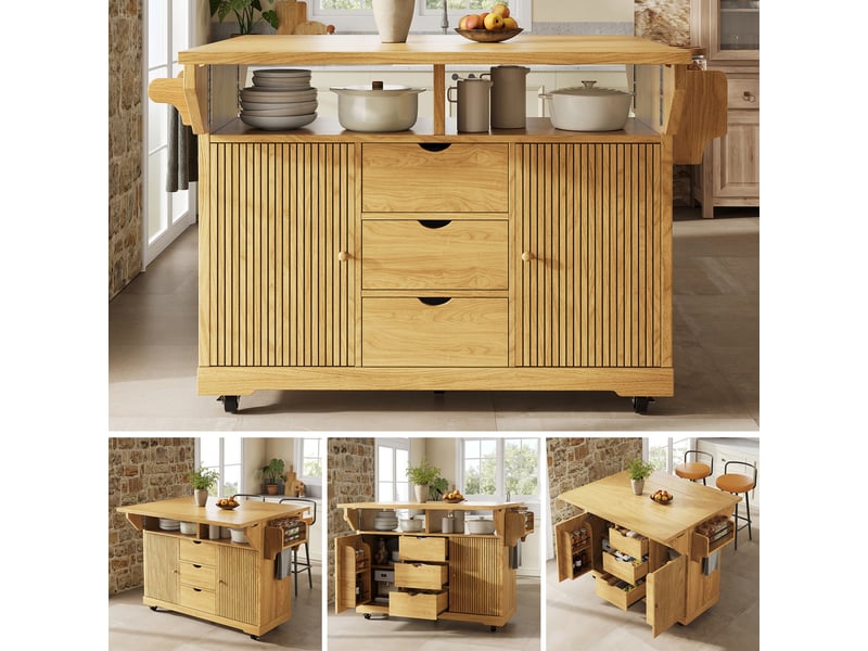  Desserte de cuisine avec rallonges pliables, chariot de cuisine avec tiroirs, table de cuisine mobile, couleur marron naturel.  - Conforama C