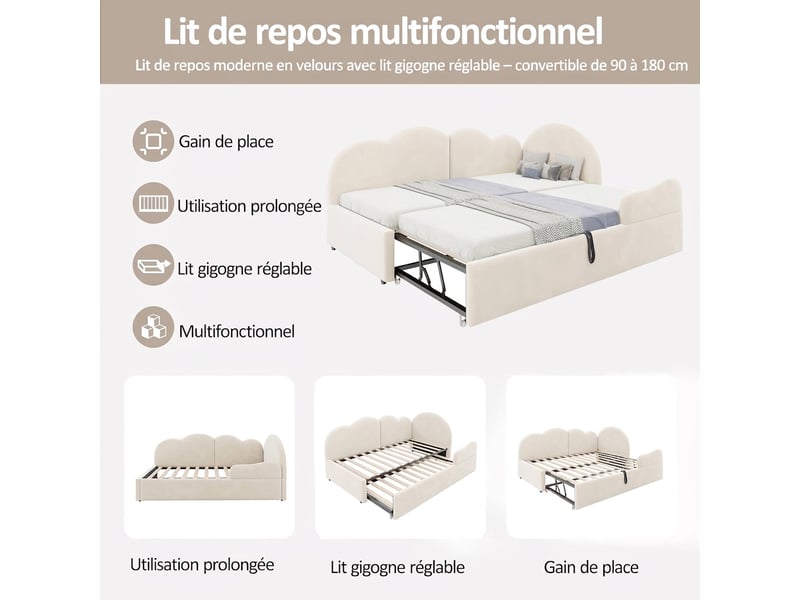  Canapé lit gigogne en l 90x200 extensible 180x200 en velours beige sans matelas  - Conforama D