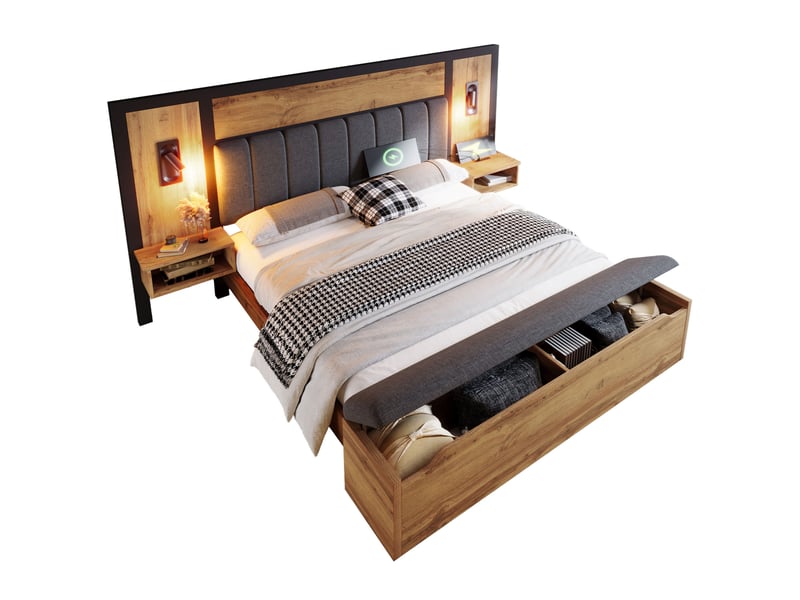  Lit adulte 160x200 rangement avec chevets et banc coffre bois metal chene matelas homvra  - Conforama A