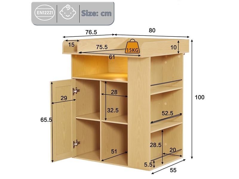 Table à langer bois naturel éclairage led réglable couleur luminosité grand rangement latéral espace à langer séparateur - Conforama C