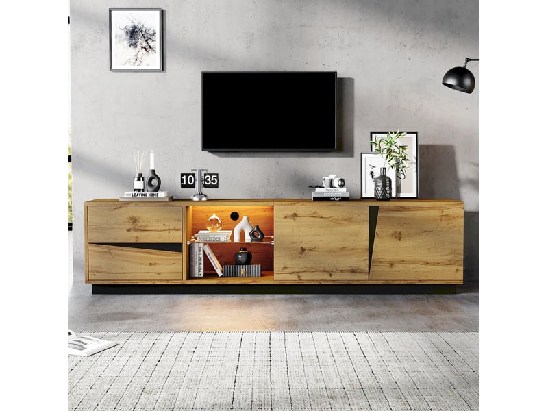  Meuble tv 180x35x45 cm avec led, meuble bas tv avec 2 tiroirs et 2 portes, niche ouverte avec étagère en verre, rangement câble, mdf, noir et bois OPULERANE TRADING LTD - Conforama E