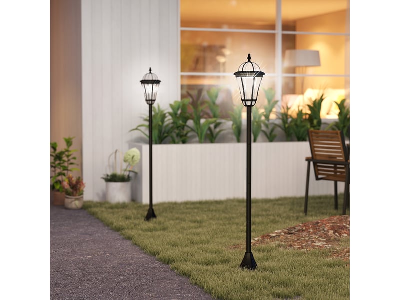  Lot de 2 lampes solaires de jardin avec éclairage led blanc 6000k, ip44, 18,5 x 18,5 x 129 cm, noir  - Conforama D