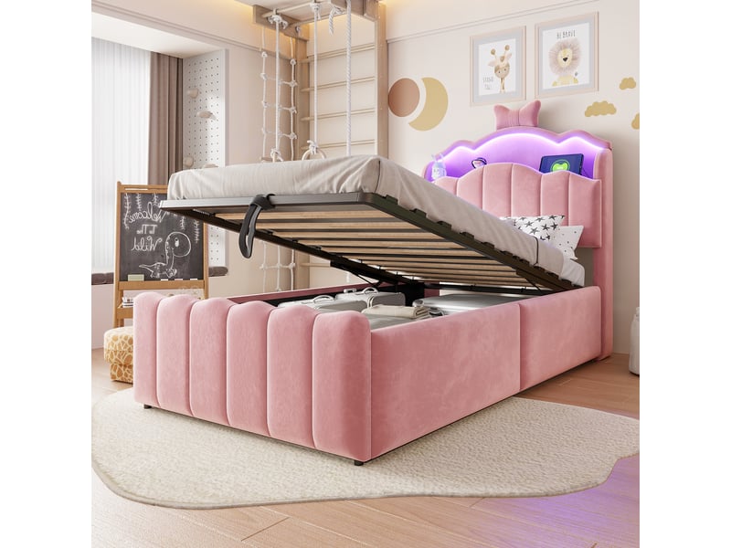  Lit coffre 90x200 cm - lit enfant 90x200 - lit simple en velours avec led rgb, prises usbtype-c &amp; tête rabattable - rose  - Conforama D