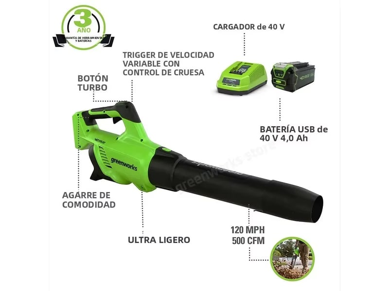  Greenworks – souffleur de feuilles sans balais,balayeuse axial 40v,contrôle de vitesse 500 cfm 120 mph,fonction turbo avec batterie 4ah et chargeur  - Conforama E