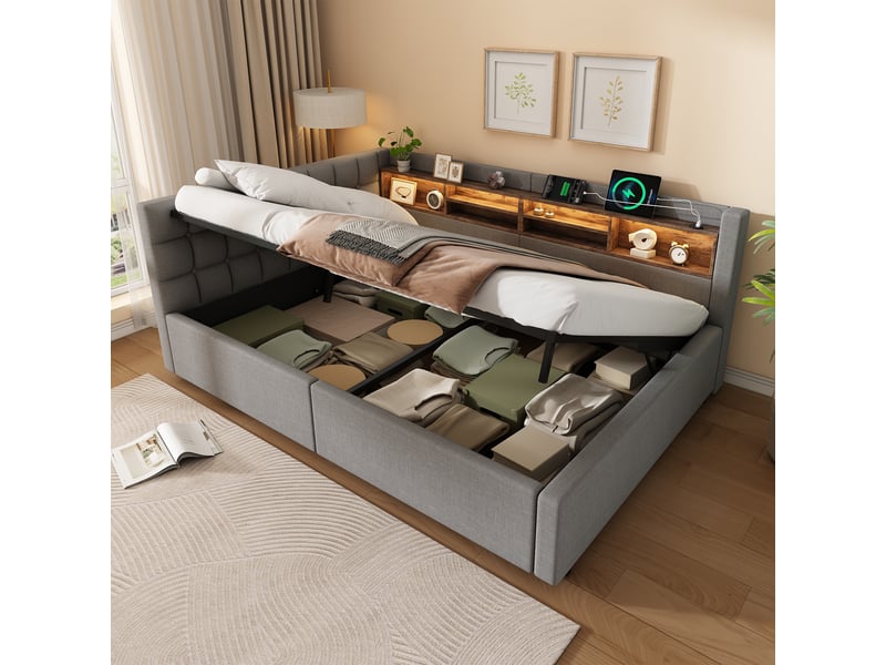  Lit coffre hydraulique 140x200 cm avec led dimmable, étagères, usb et tête réversible, tissu lin gris, sans matelas  - Conforama B