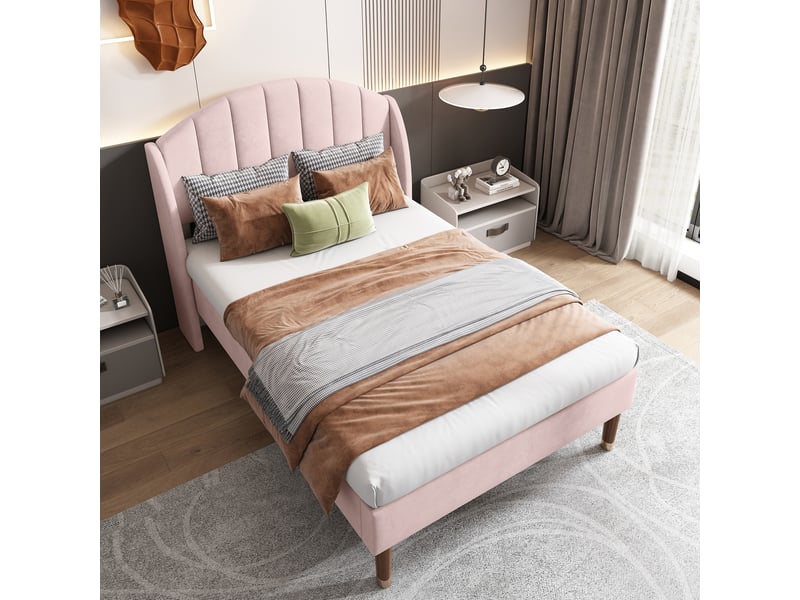  Lit enfant 90x200 cm, lit 1 place, design intemporel, tête de lit confort et sommier inclus, velours, rose, sans matelas  - Conforama E