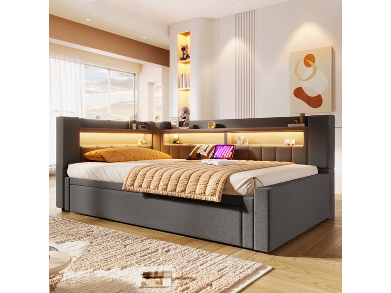 Lit gigogne convertible 90180x200 cm avec led et usb-c, tissu lin gris, structure mdf, sans matelas - Conforama R