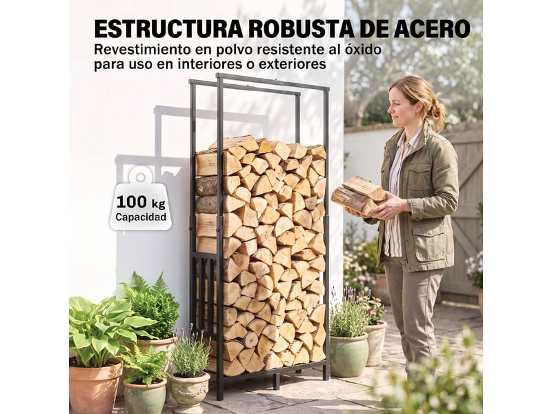  Porte-bûches extérieur réglable en acier noir, 45,5-75,5 x 25 x 98-170 cm, charge 100 kg  - Conforama W
