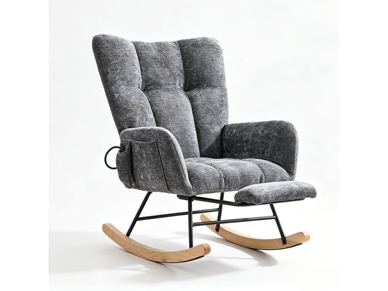  Chaise à bascule ergonomique en tissu chenille gris clair avec repose‑pieds rétractable, poche de rangement, structure métal et bois massif, charge 120 kg  - Conforama A
