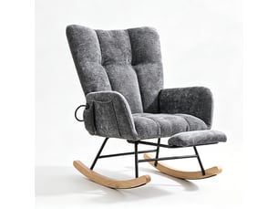 Chaise à bascule ergonomique en tissu chenille gris clair avec repose‑pieds rétractable, poche de rangement, structure métal et bois massif, charge 120 kg