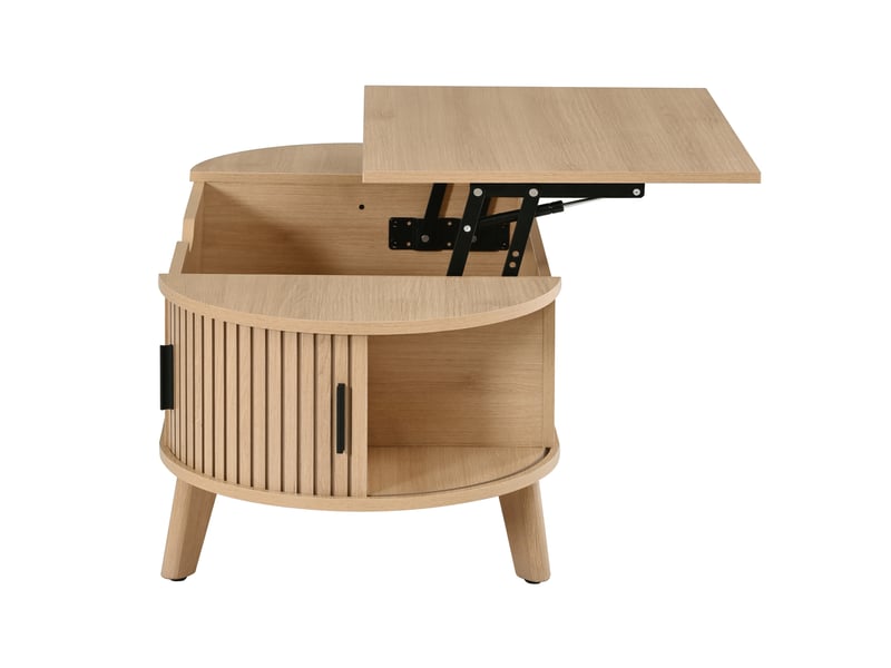  Table basse ovale avec plateau relevable hydraulique, rangement caché, deux portes coulissantes, mdf, naturel  - Conforama E