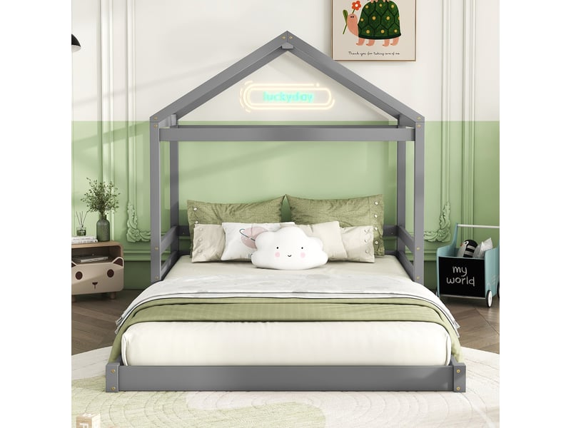  Lit cabane enfant 140 x 200 cm avec sommier à 7 lattes et barrières, pin et mdf, gris Fay Lum - Conforama R
