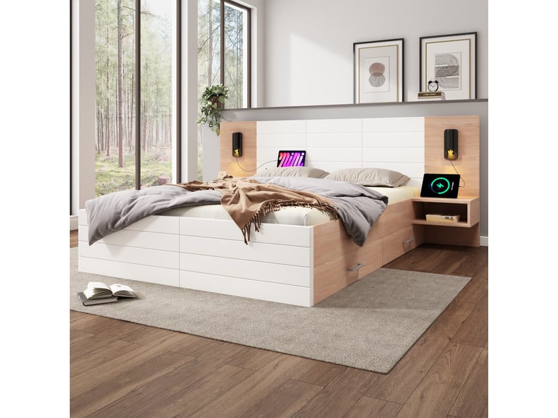  Lit double 140x200 cm – matelas et sommier inclus – 2 tiroirs, chevets, tête de lit led usb, bois blancchêne, moderne  - Conforama D