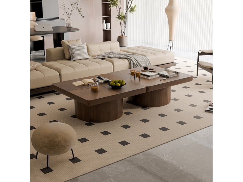 Table basse carrée 78 cm en bois et mdf avec plateau plaqué bois et base cylindrique pour salon coloris noyer - Conforama D