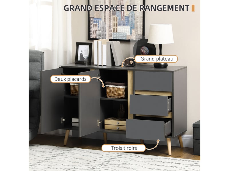 Buffet bas meuble de rangement sur pieds style scandinave 2 portes 3 tiroirs gris anthracite 120 x 40 x 80 cm - Conforama A