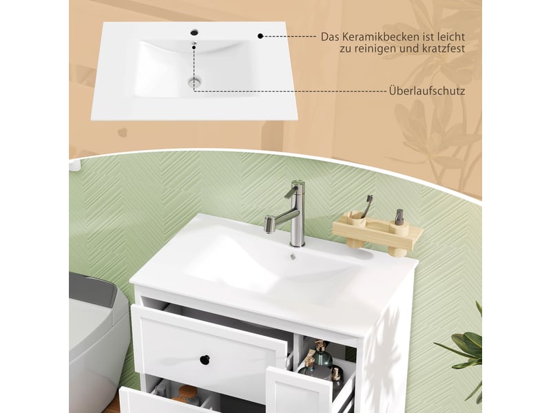  Meuble vasque blanc laqué mdf et céramique 76×46×82 cm, 4 tiroirs dont 1 coulissant latéral à 2 niveaux, sur pieds  - Conforama D