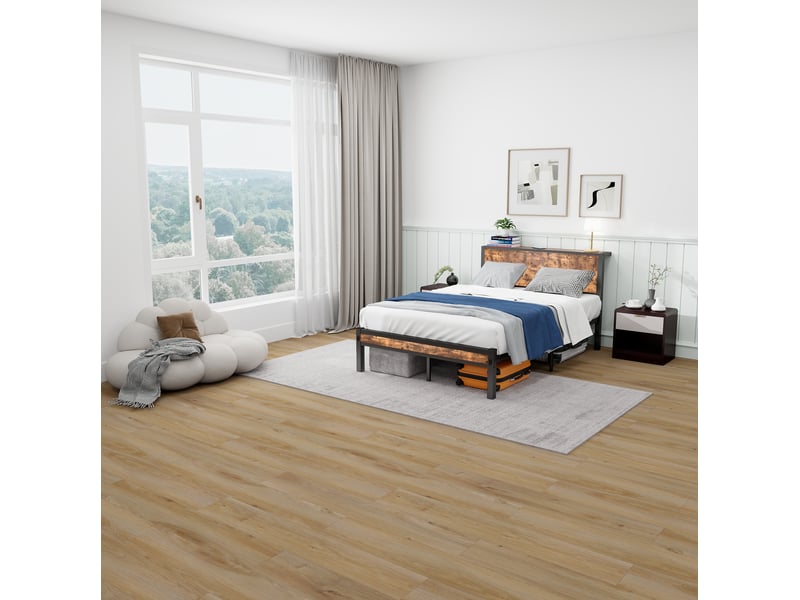  Lit simple 120 × 200 cm 1 place avec tête de lit à rangement, structure métal et mdf, sans matelas, brun antique  - Conforama C