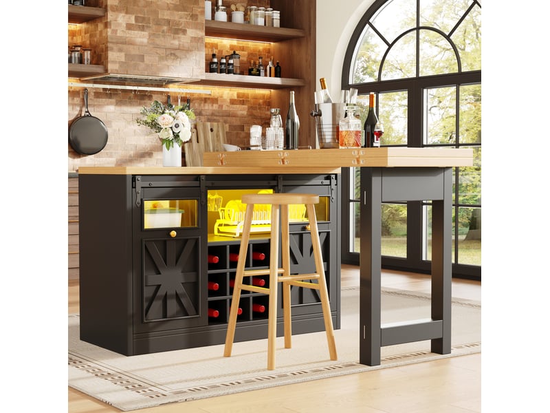  Îlot de cuisine noir avec table extensible 120-197 cm, plateaux pivotants et led rgb  - Conforama D