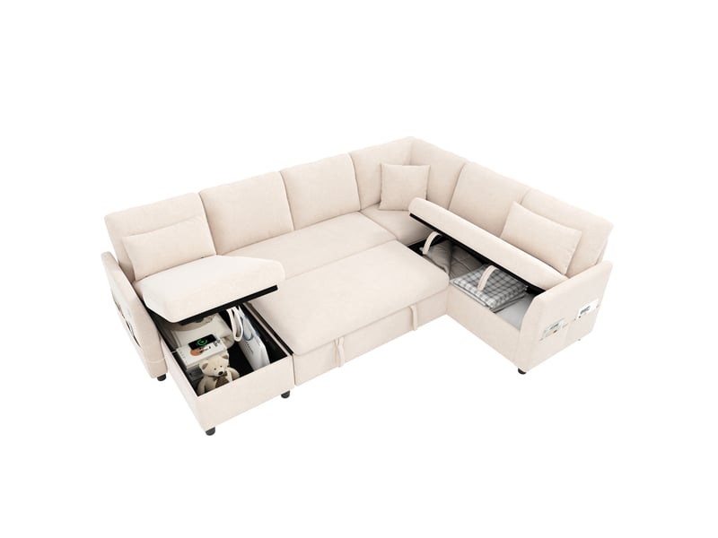  Canapé d’angle modulable 6 places 255x196x85 cm convertible avec coffre en métal et bois couleur beige, design moderne  - Conforama A
