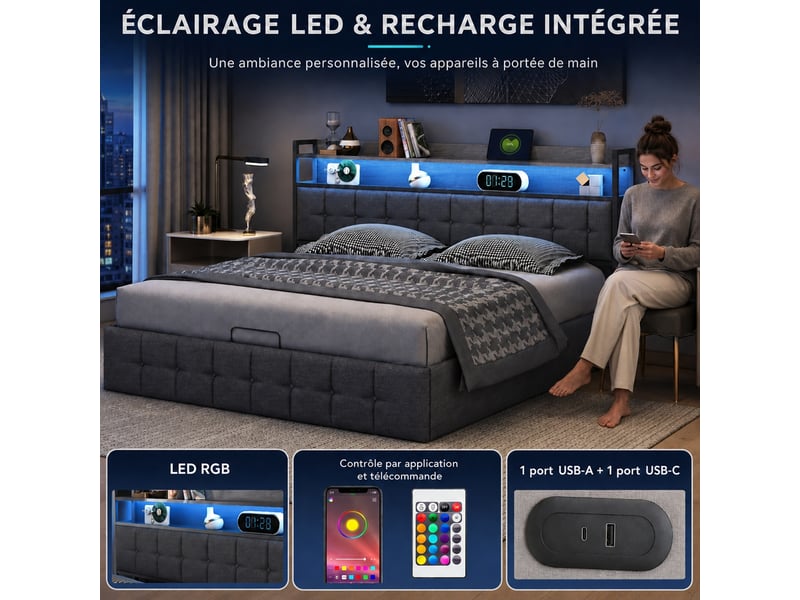  Lit coffre adulte 140x190 avec led et usb, lit double rembourré avec sommier à lattes, lit 2 places avec rangement, lin gris  - Conforama R