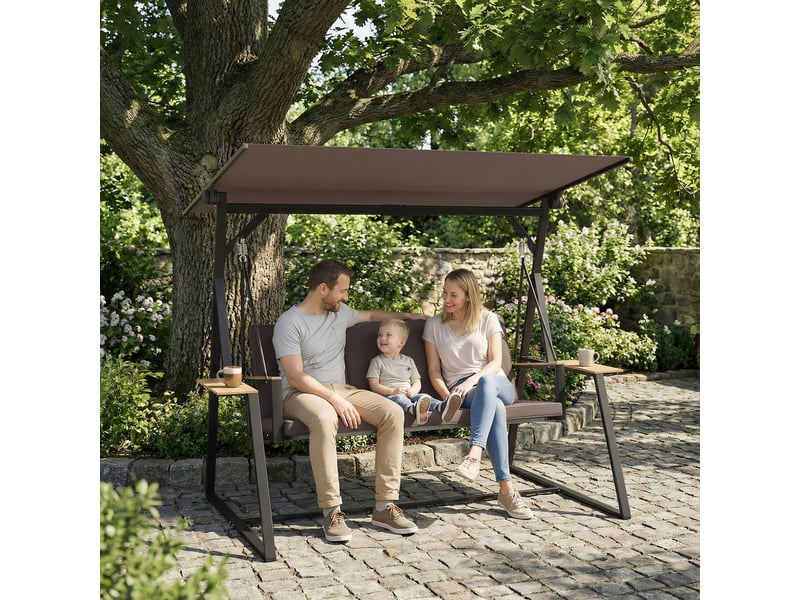 Balancelle de jardin 3 places, toit orientable 60° uv50+, structure metallique 360 kg, bacs lateraux, coussins rembourres, 222 x 131 x 175 cm - Conforama B