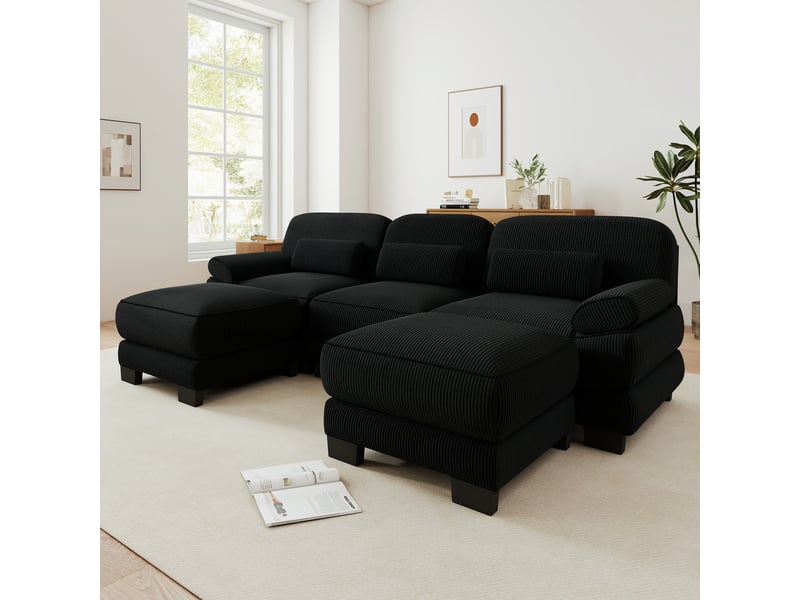 Canapé modulable en u - 3 places - 2 ottomans - velours côtelé - mobilier de salon - grand confort - assise confortable - noir CozyNest - Conforama B