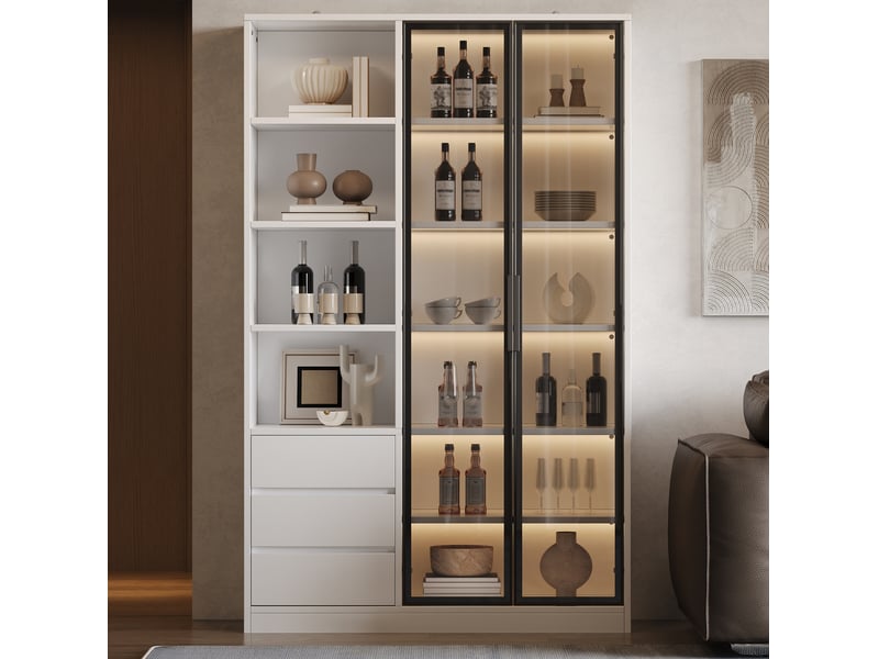  Vitrine haute 100 x 35 x 160 cm – blanc – led intégrée, rangements et 3 tiroirs pour salon moderne  - Conforama E