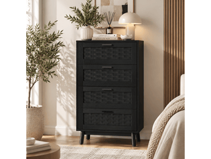 Commode noir avec 4 tiroirs, meuble de rangement en bois et rotin, commode chambre cannage scandinave 55x40x95 cm