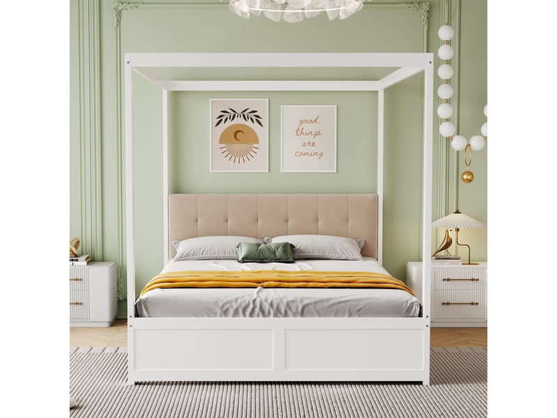 Lit blanc 140x200 cm avec têtes de lit capitonnées et grands tiroirs en bois  - Conforama D
