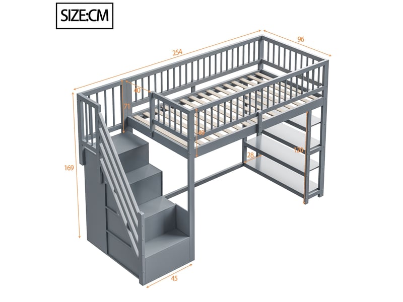  Lit mezzanine enfant 90x200 cm – gris – armoire, rangements, étagères et échelle sécurisée, sans matelas  - Conforama C