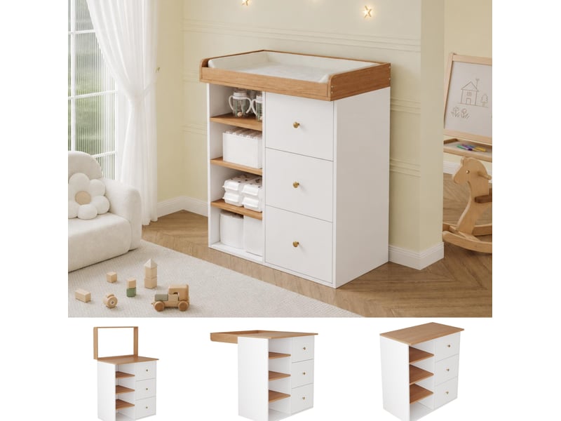  Table à langer 2-en-1 82x50x100 cm, 3 tiroirs, barrière amovible, rangements mdf blanc aspect bois clair  - Conforama D