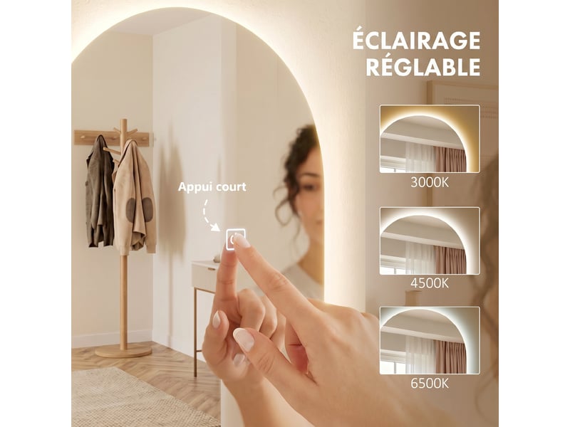  Grand miroir mural 120 x 40 cm avec éclairage led miroir arqué, intensité variable et 3 couleurs d'éclairage transparent  - Conforama E
