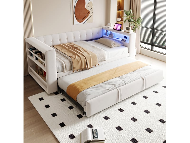  Canapé convertible 90x190 à 180x190 cm avec rangements, led et prises  - Conforama C