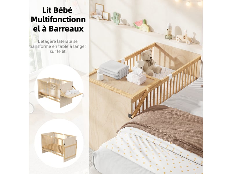 Lit bébé à barreaux 70x140 cm en pin massif naturel, sommier réglable 4 hauteurs, table à langer rabattable, protection intégrale 4 côtés - Conforama E
