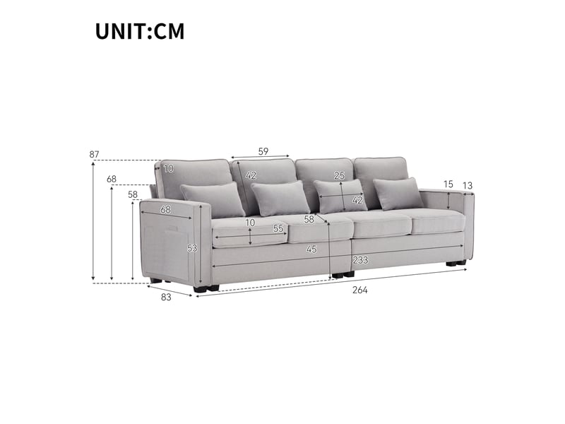 Canapé droit 264x83x87cm, canapé de style simple avec poches d'accoudoirs et 4 coussins, 4 place, tissu lin gris clair - Conforama D