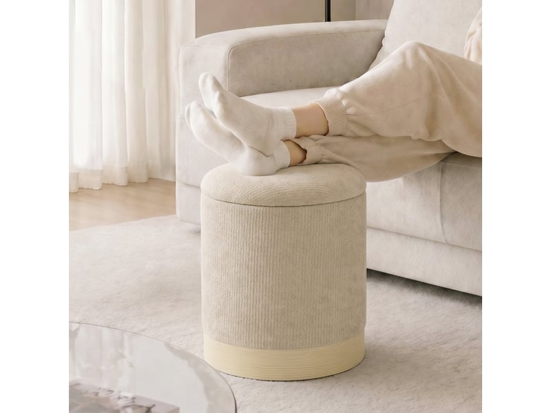  Pouf coffre rangement, tabouret rond en chenille, beige, pouf repose-pieds avec base en métal effet bois  - Conforama D