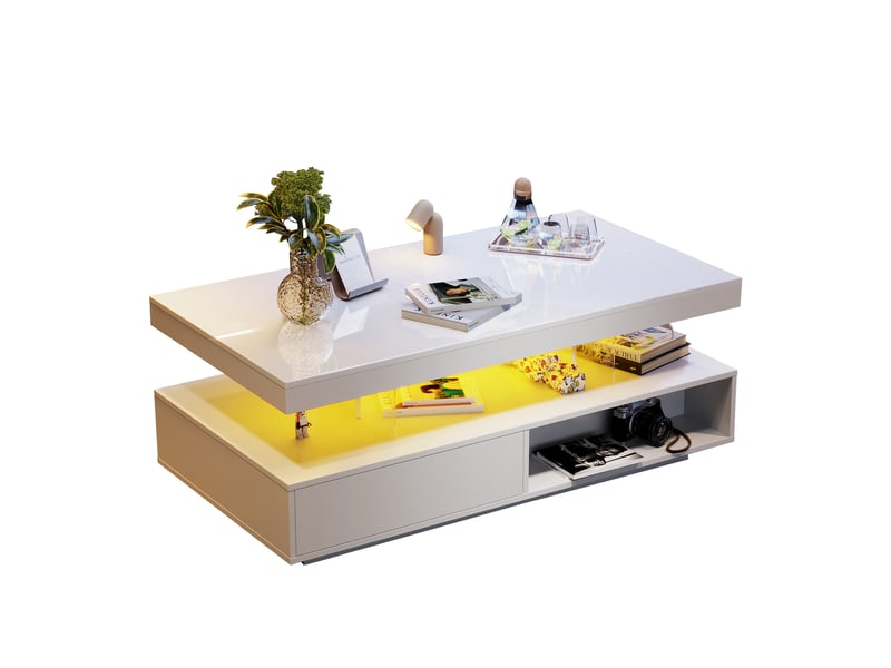  Table basse 95x50x42,5 cm avec led bluetooth, 2 tiroirs, 2 niches, 4 inserts en verre, salon, blanc  - Conforama A