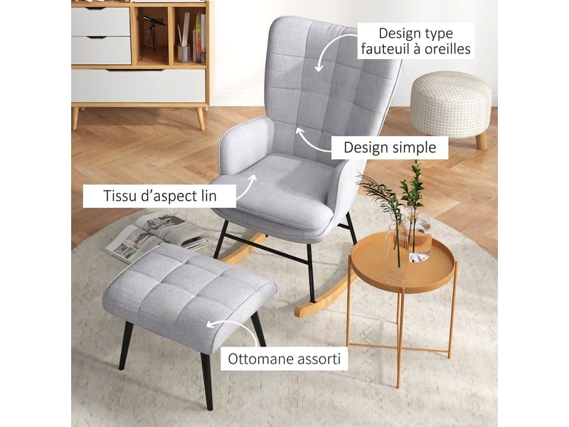  Fauteuil à bascule avec repose-pieds gris clair, fauteuil de relaxation aspect lin, charge 130 kg  - Conforama W