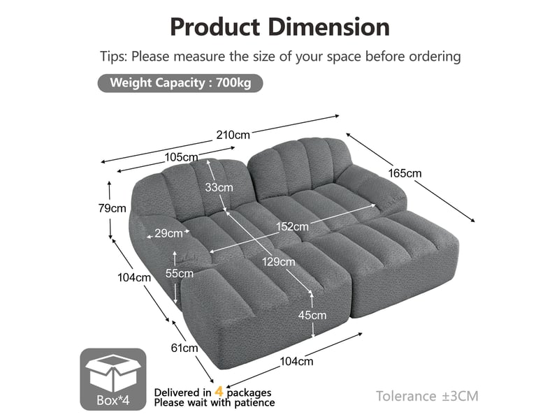  Canapé modulaire 2 places avec ottoman, assise ergonomique et dossier souple, en tissu polaire granulé gris  - Conforama E