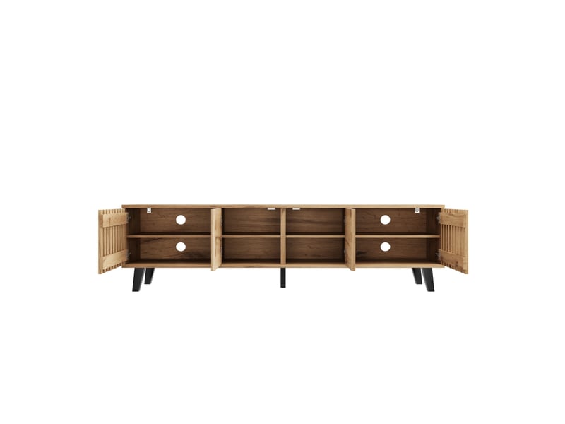  Meuble tv 180 x 40 x 55 cm, panneaux de particules bois et noir, 4 portes, écran jusqu'à 70 pouces  - Conforama E