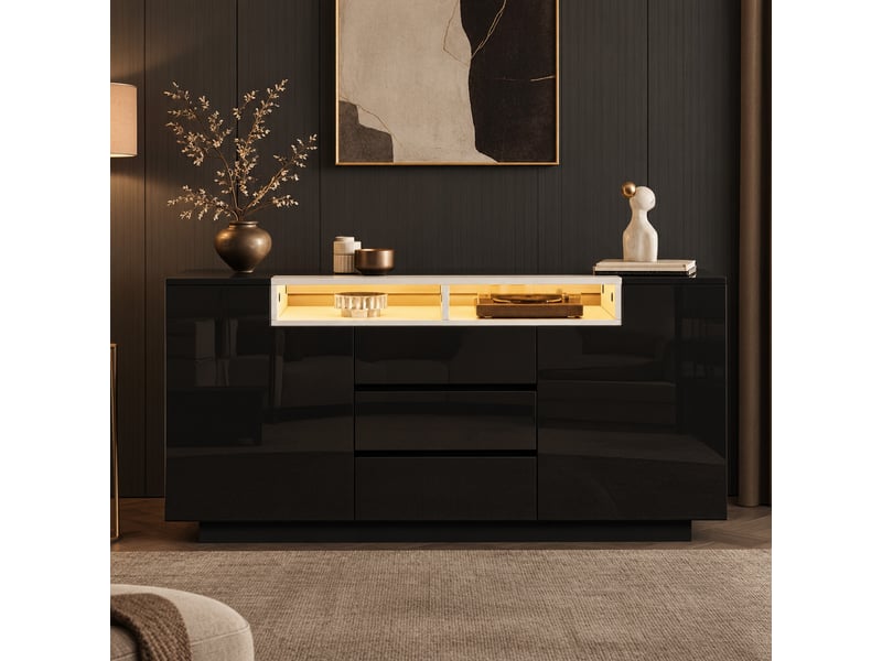 Buffet bas 2 portes 3 tiroirs avec led 140 cm homvra - Conforama C
