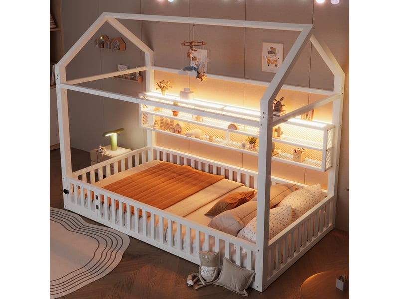  Lit cabane 90x200 cm enfant métal blanc avec led 7 couleurs lit plateforme maison avec barrière de sécurité  - Conforama B